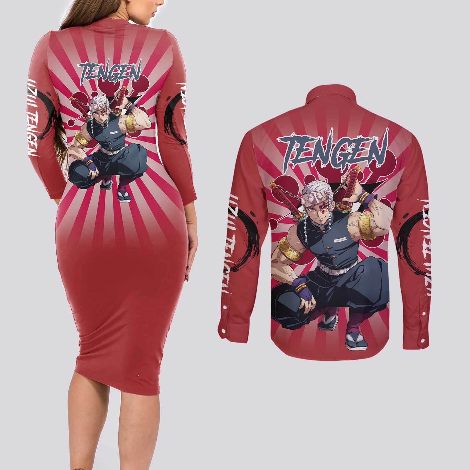 Tengen Uzui - Demon Slayer Couples Matching Long Sleeve Bodycon Dress and Long Sleeve Button Shirt Anime Style