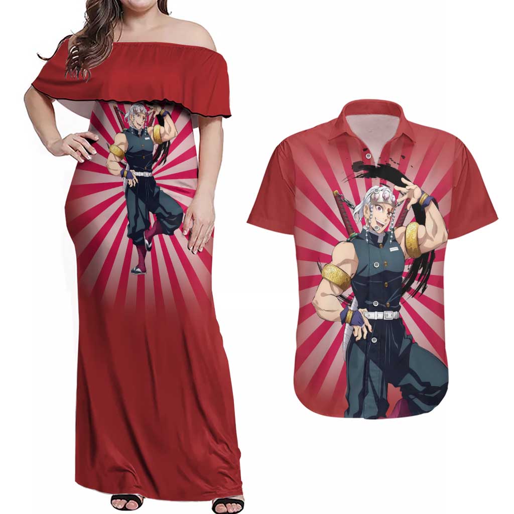 Tengen Uzui - Demon Slayer Couples Matching Off Shoulder Maxi Dress and Hawaiian Shirt Anime Style