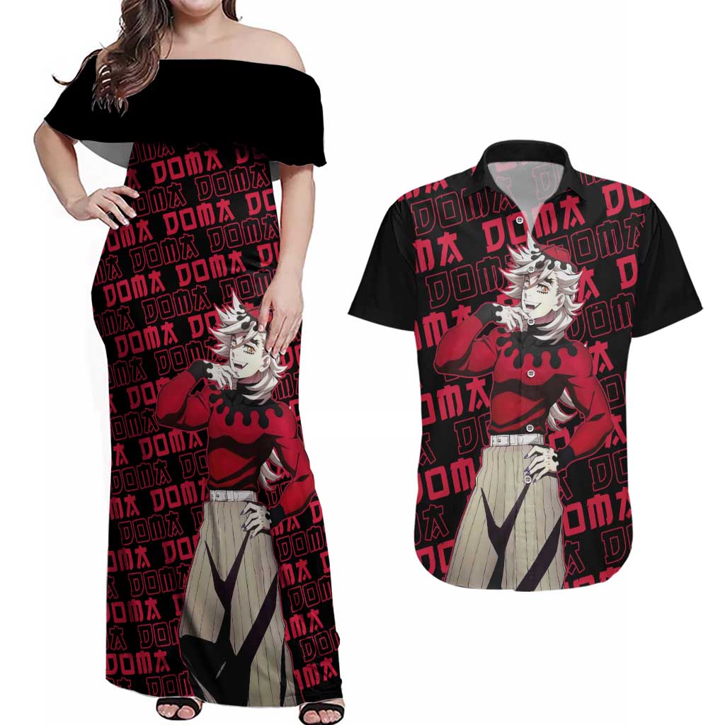 Doma - Demon Slayer Couples Matching Off Shoulder Maxi Dress and Hawaiian Shirt Anime Mix Pattern Style