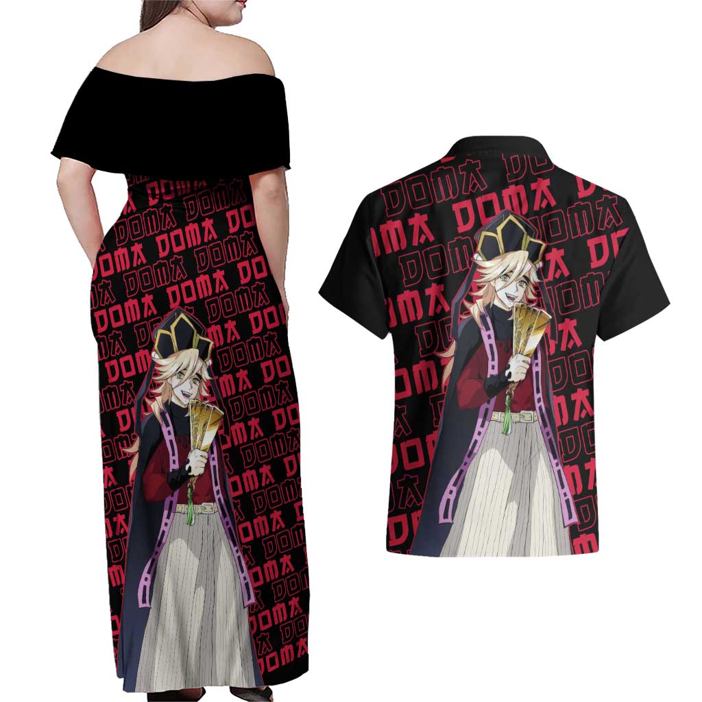Doma - Demon Slayer Couples Matching Off Shoulder Maxi Dress and Hawaiian Shirt Anime Mix Pattern Style