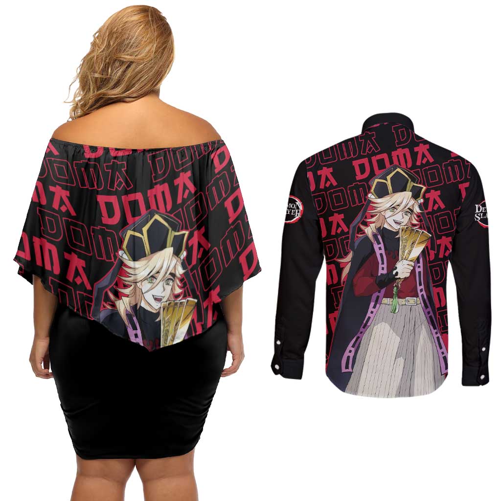 Doma - Demon Slayer Couples Matching Off Shoulder Short Dress and Long Sleeve Button Shirt Anime Mix Pattern Style