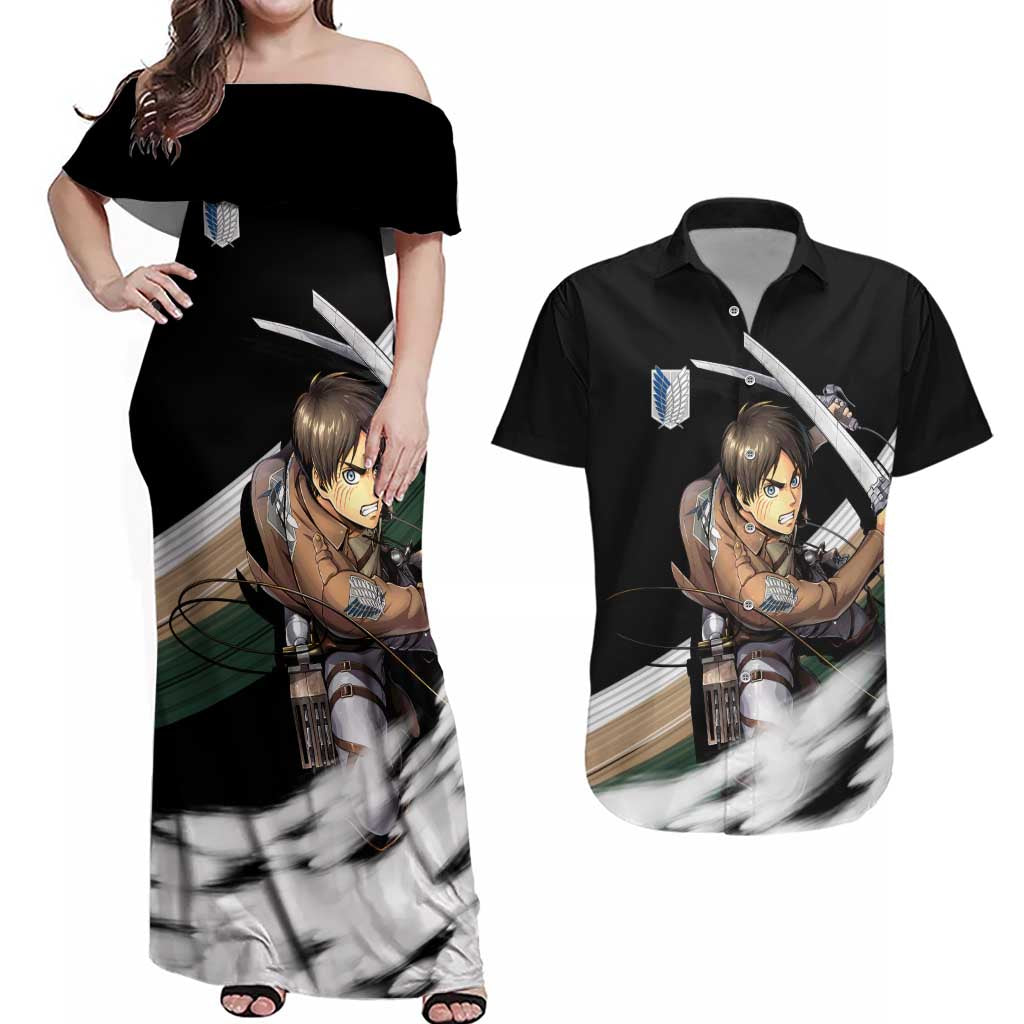 Eren Yeager - Attack On Titan Couples Matching Off Shoulder Maxi Dress and Hawaiian Shirt Anime Style