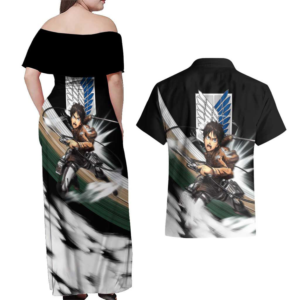 Eren Yeager - Attack On Titan Couples Matching Off Shoulder Maxi Dress and Hawaiian Shirt Anime Style