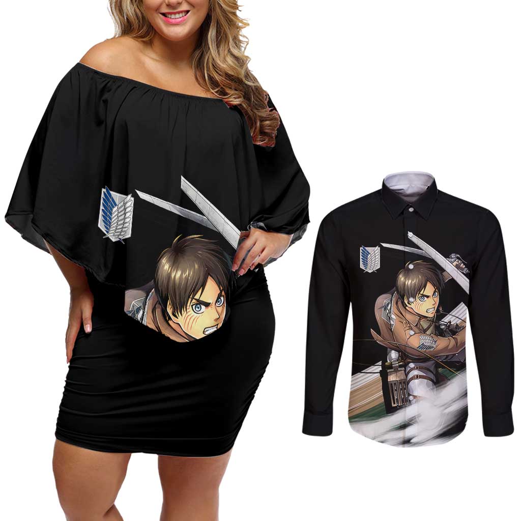 Eren Yeager - Attack On Titan Couples Matching Off Shoulder Short Dress and Long Sleeve Button Shirt Anime Style