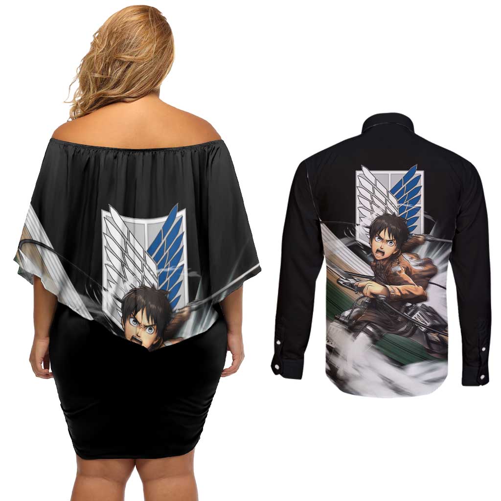 Eren Yeager - Attack On Titan Couples Matching Off Shoulder Short Dress and Long Sleeve Button Shirt Anime Style