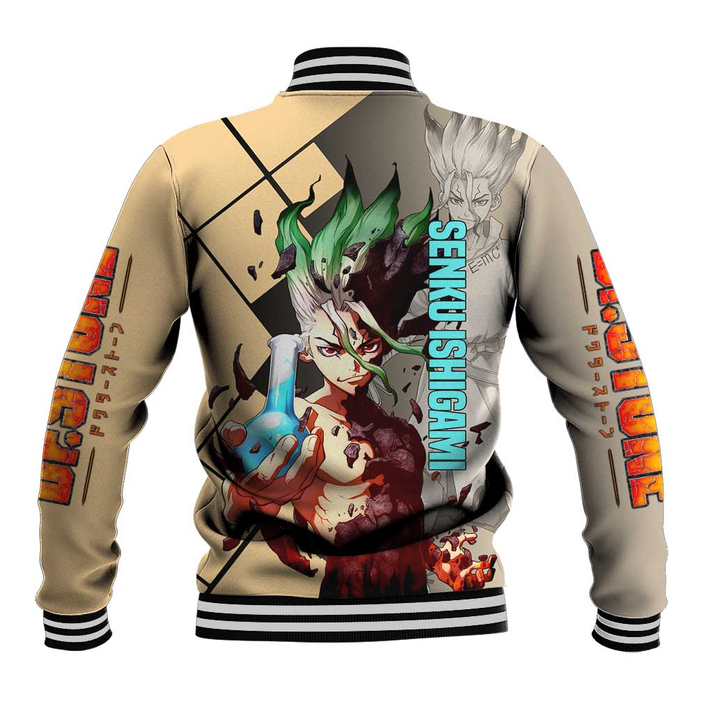 Senku Ishigami Dr. Stone Baseball Jacket with Science Experiment Pose and Innovative Genius Design - The Mazicc