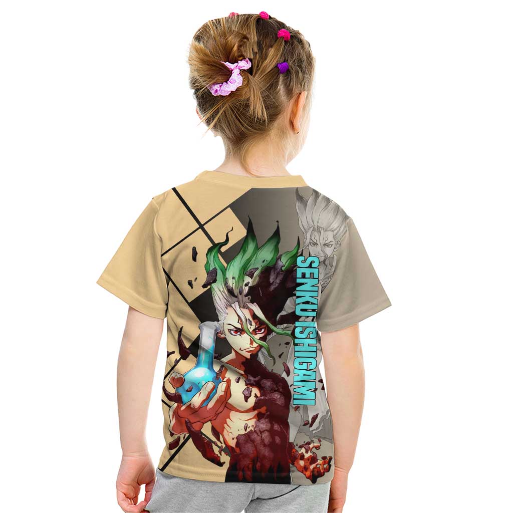 Senku Ishigami Dr. Stone Kid T Shirt with Science Experiment Pose and Innovative Genius Design - The Mazicc