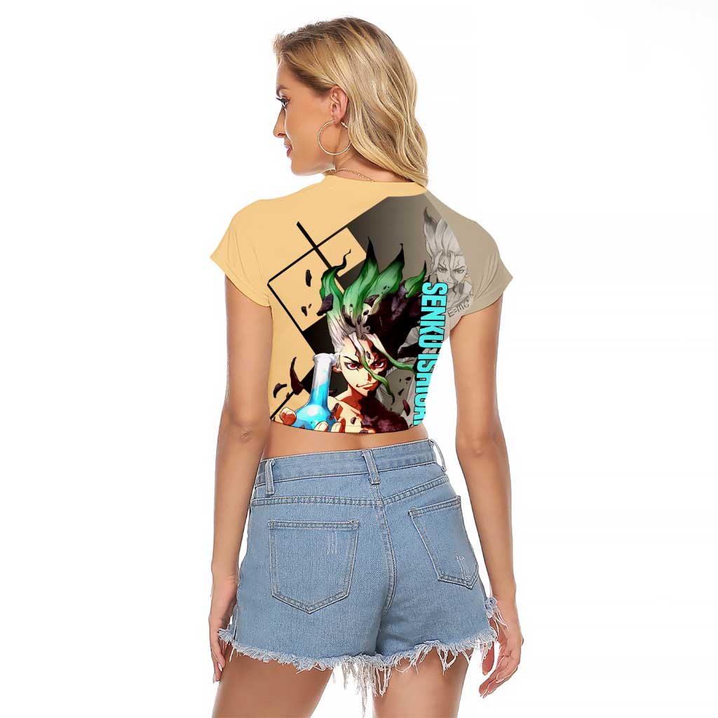 Senku Ishigami Dr. Stone Raglan Cropped T Shirt with Science Experiment Pose and Innovative Genius Design - The Mazicc