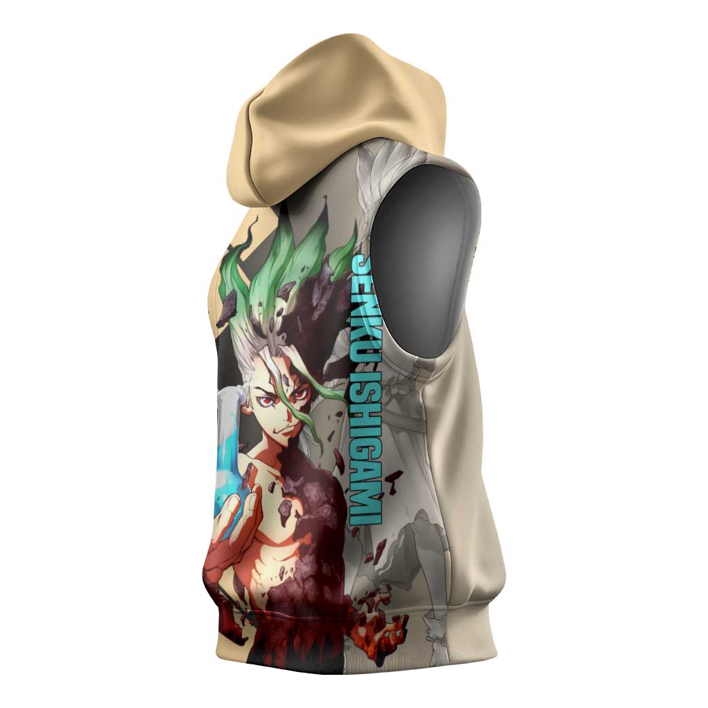 Senku Ishigami Dr. Stone Sleeveless Hoodie with Science Experiment Pose and Innovative Genius Design - The Mazicc