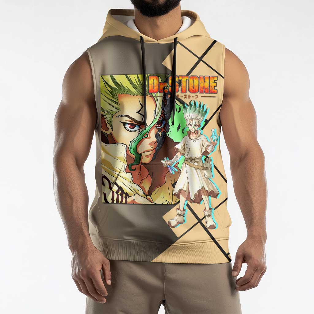 Senku Ishigami Dr. Stone Sleeveless Hoodie with Science Experiment Pose and Innovative Genius Design - The Mazicc