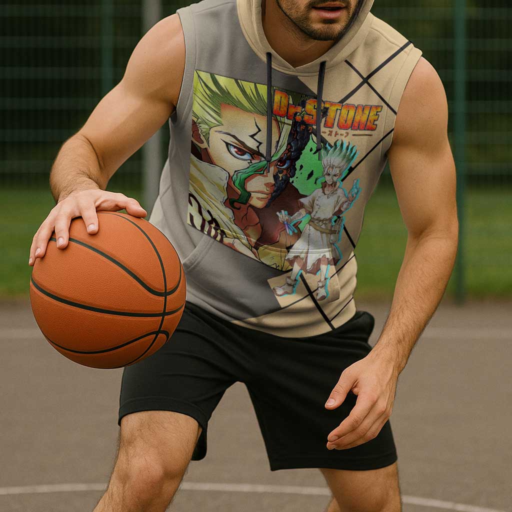 Senku Ishigami Dr. Stone Sleeveless Hoodie with Science Experiment Pose and Innovative Genius Design - The Mazicc