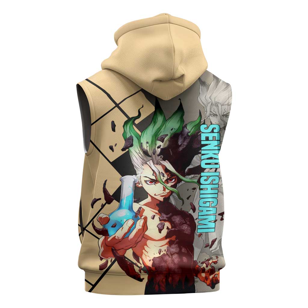 Senku Ishigami Dr. Stone Sleeveless Zip Hoodie with Science Experiment Pose and Innovative Genius Design - The Mazicc