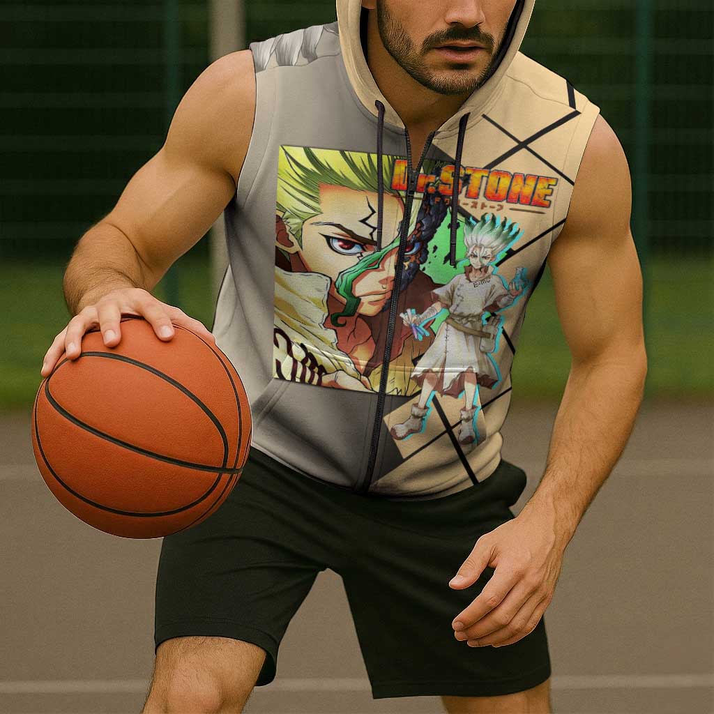 Senku Ishigami Dr. Stone Sleeveless Zip Hoodie with Science Experiment Pose and Innovative Genius Design - The Mazicc