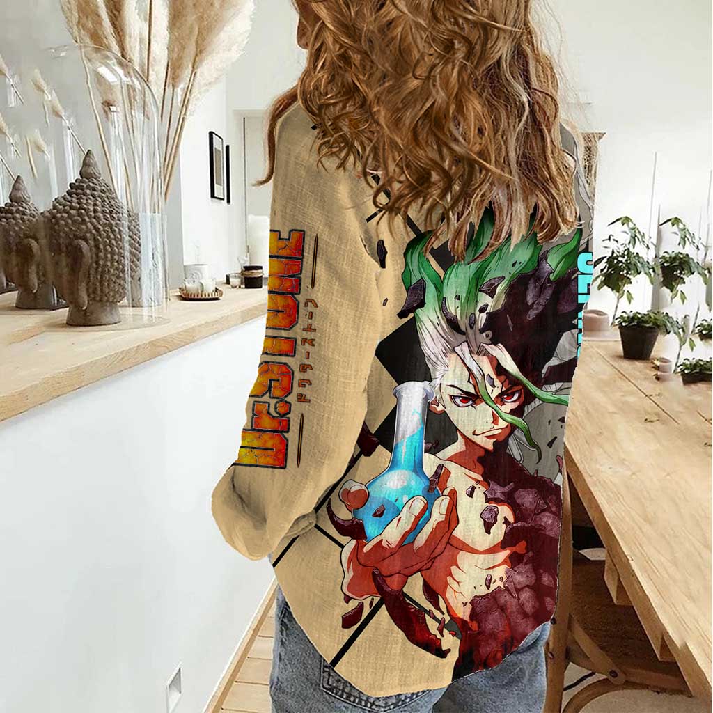 Senku Ishigami Dr. Stone Women Casual Shirt with Science Experiment Pose and Innovative Genius Design - The Mazicc