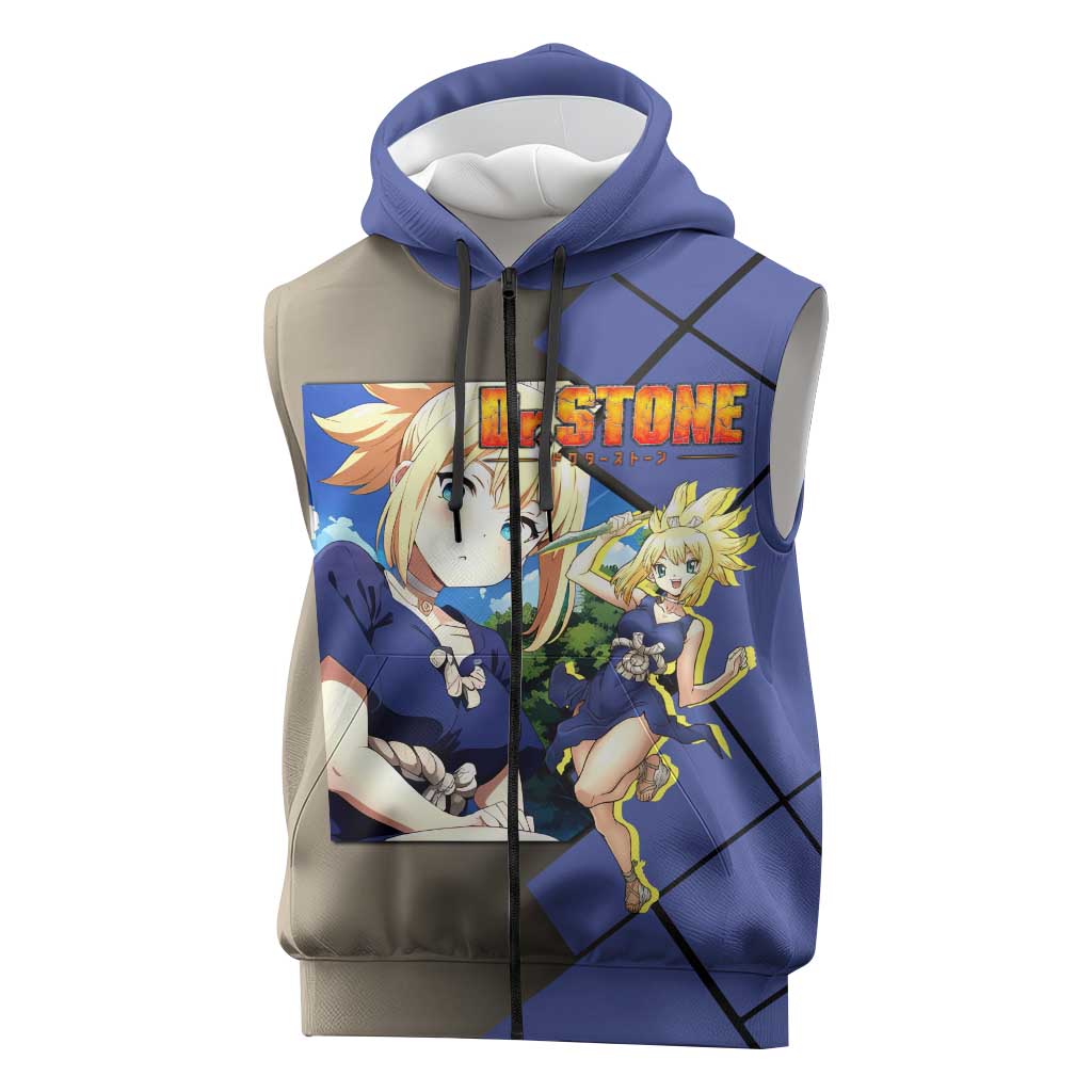 Kohaku Dr. Stone Sleeveless Zip Hoodie with Combat Stance and Brave Adventure Design - The Mazicc