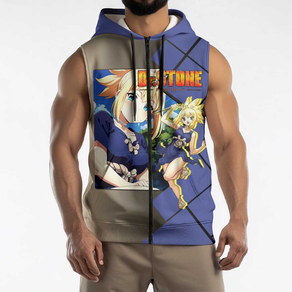 Kohaku Dr. Stone Sleeveless Zip Hoodie with Combat Stance and Brave Adventure Design - The Mazicc