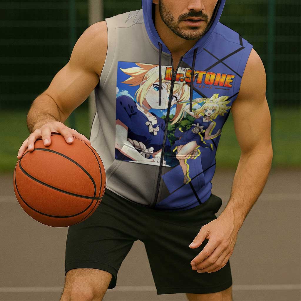 Kohaku Dr. Stone Sleeveless Zip Hoodie with Combat Stance and Brave Adventure Design - The Mazicc
