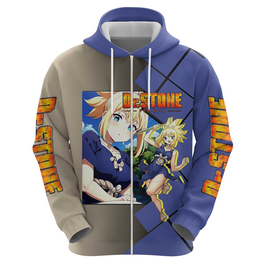 Kohaku Dr. Stone Zip Hoodie with Combat Stance and Brave Adventure Design - The Mazicc