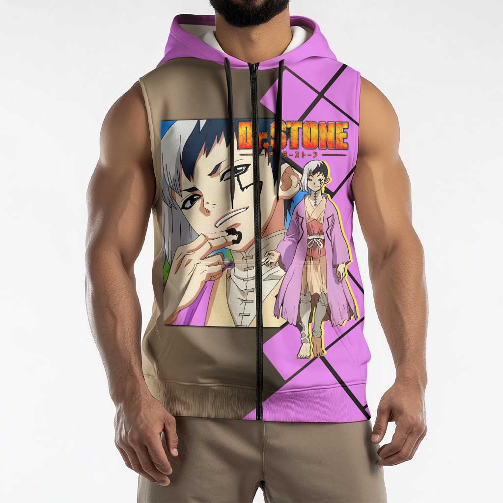 Gen Asagiri Dr. Stone Sleeveless Zip Hoodie with Mind Reading Pose and Clever Strategy Design - The Mazicc