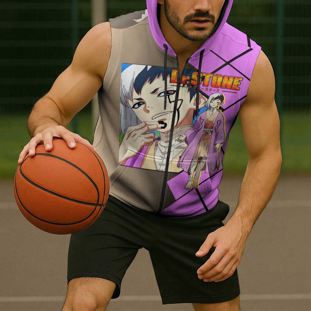 Gen Asagiri Dr. Stone Sleeveless Zip Hoodie with Mind Reading Pose and Clever Strategy Design - The Mazicc