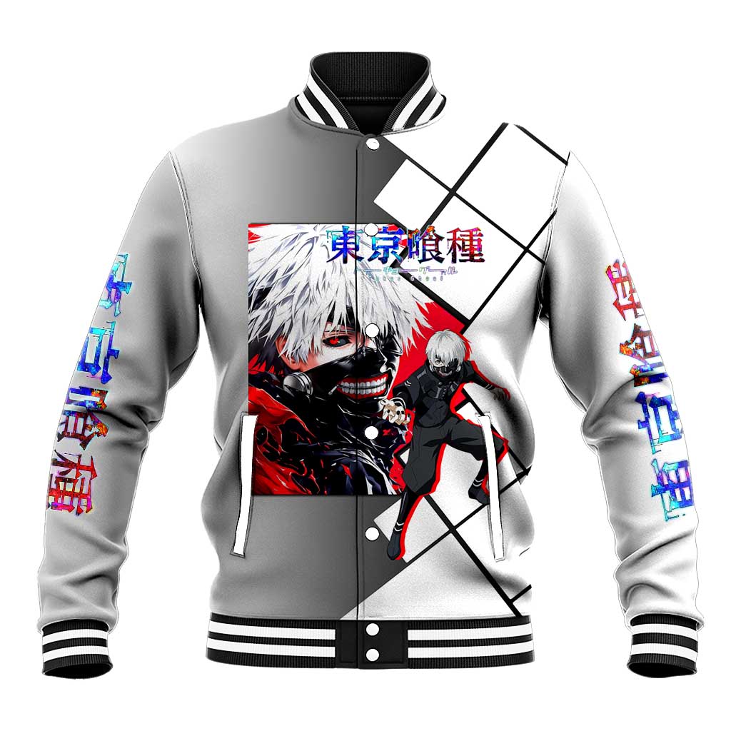 Kaneki Ken Tokyo Ghoul Baseball Jacket with Masked Ghoul Form and Dark Battle Pose Design - The Mazicc