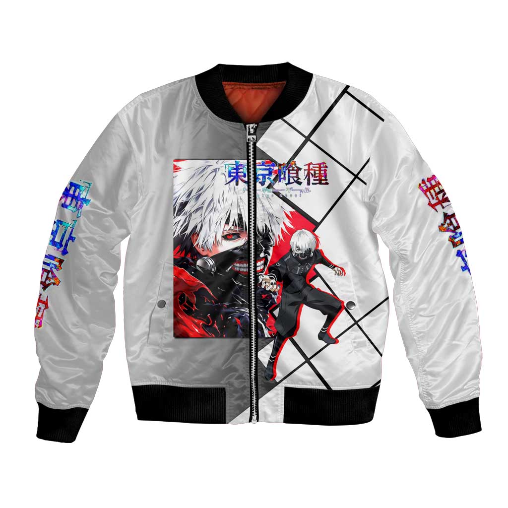 Kaneki Ken Tokyo Ghoul Bomber Jacket with Masked Ghoul Form and Dark Battle Pose Design - The Mazicc