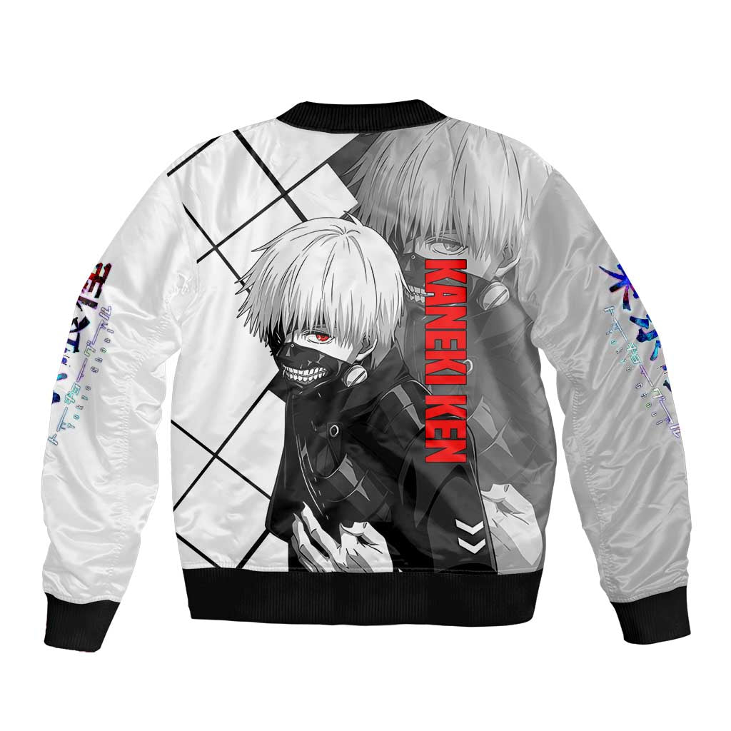 Kaneki Ken Tokyo Ghoul Bomber Jacket with Masked Ghoul Form and Dark Battle Pose Design - The Mazicc