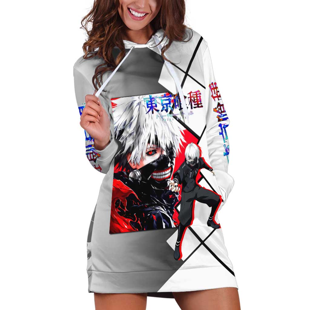 Kaneki Ken Tokyo Ghoul Hoodie Dress with Masked Ghoul Form and Dark Battle Pose Design - The Mazicc