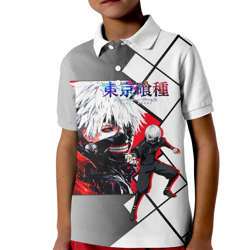 Kaneki Ken Tokyo Ghoul Kid Polo Shirt with Masked Ghoul Form and Dark Battle Pose Design - The Mazicc