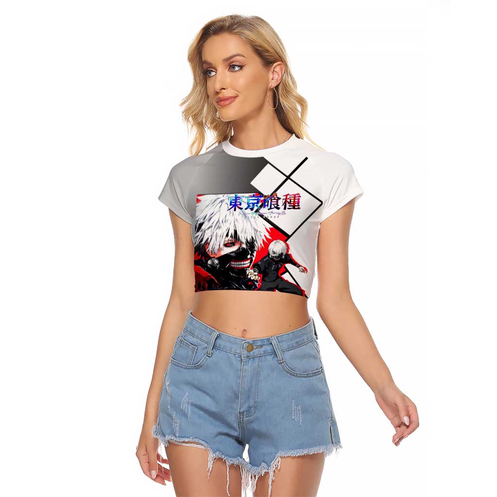 Kaneki Ken Tokyo Ghoul Raglan Cropped T Shirt with Masked Ghoul Form and Dark Battle Pose Design - The Mazicc