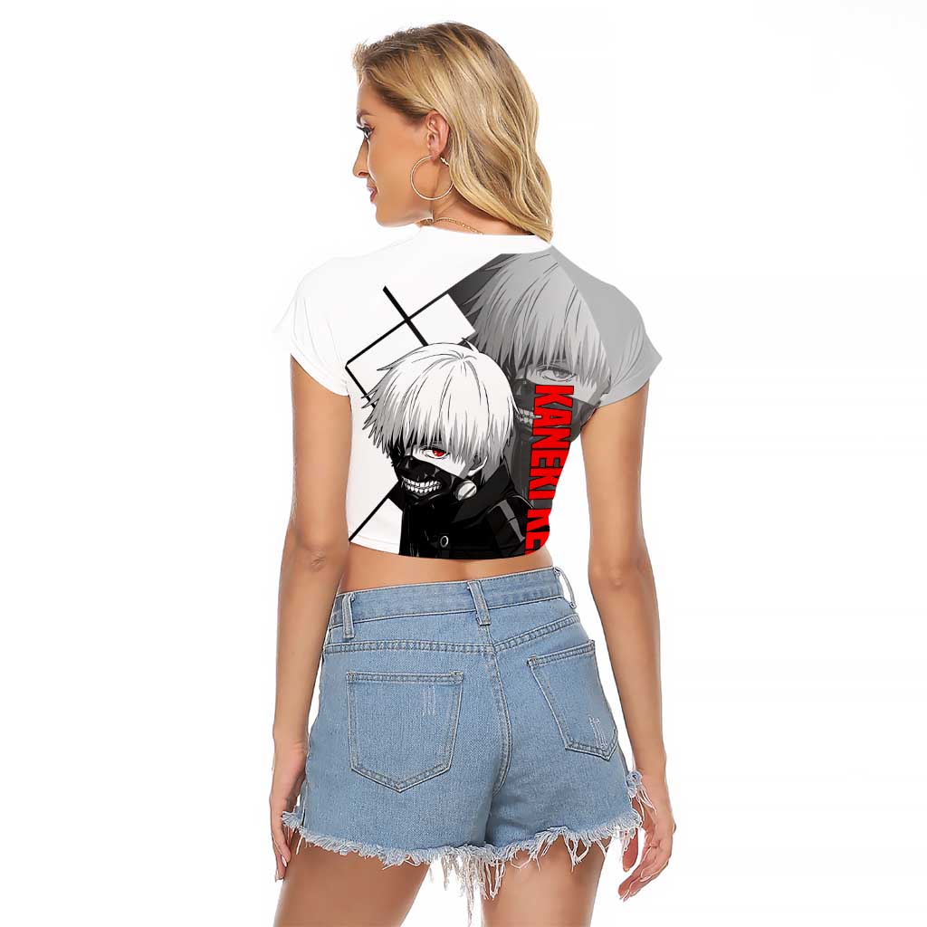 Kaneki Ken Tokyo Ghoul Raglan Cropped T Shirt with Masked Ghoul Form and Dark Battle Pose Design - The Mazicc