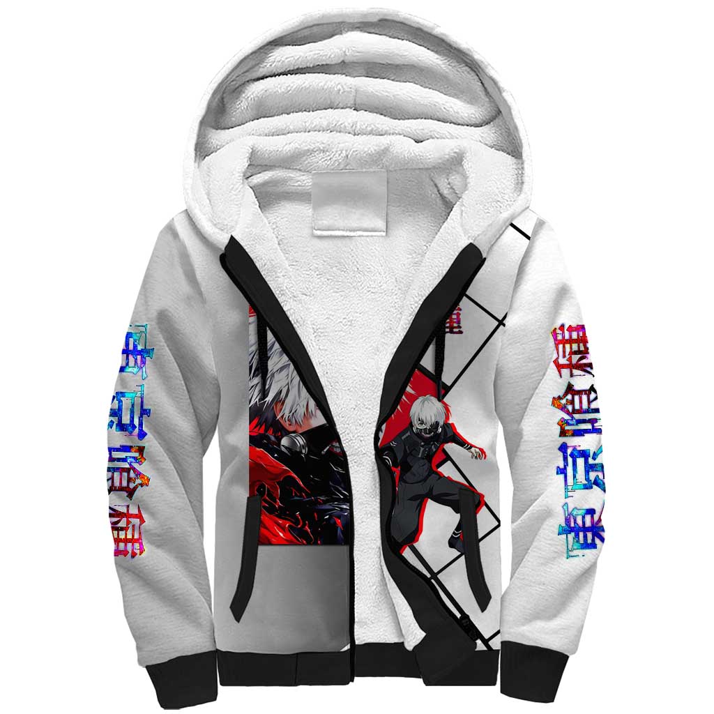 Kaneki Ken Tokyo Ghoul Sherpa Hoodie with Masked Ghoul Form and Dark Battle Pose Design - The Mazicc