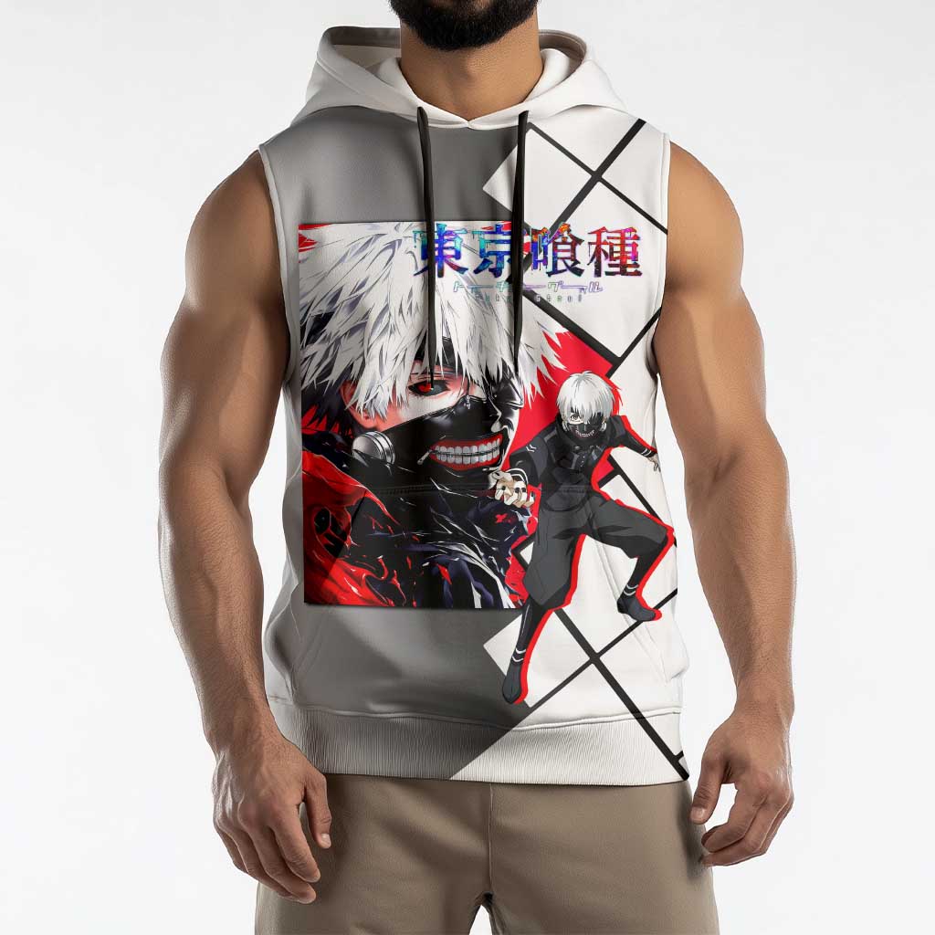 Kaneki Ken Tokyo Ghoul Sleeveless Hoodie with Masked Ghoul Form and Dark Battle Pose Design - The Mazicc