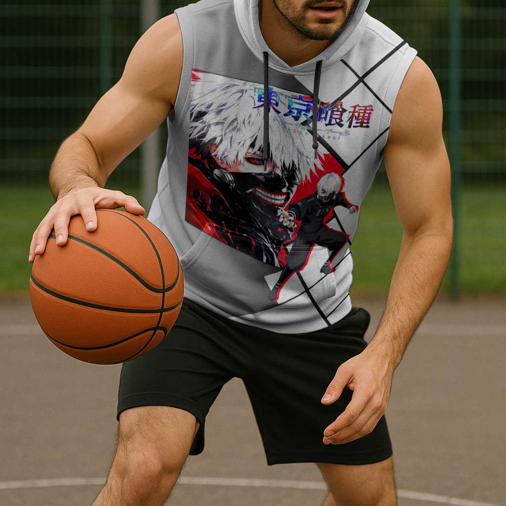 Kaneki Ken Tokyo Ghoul Sleeveless Hoodie with Masked Ghoul Form and Dark Battle Pose Design - The Mazicc