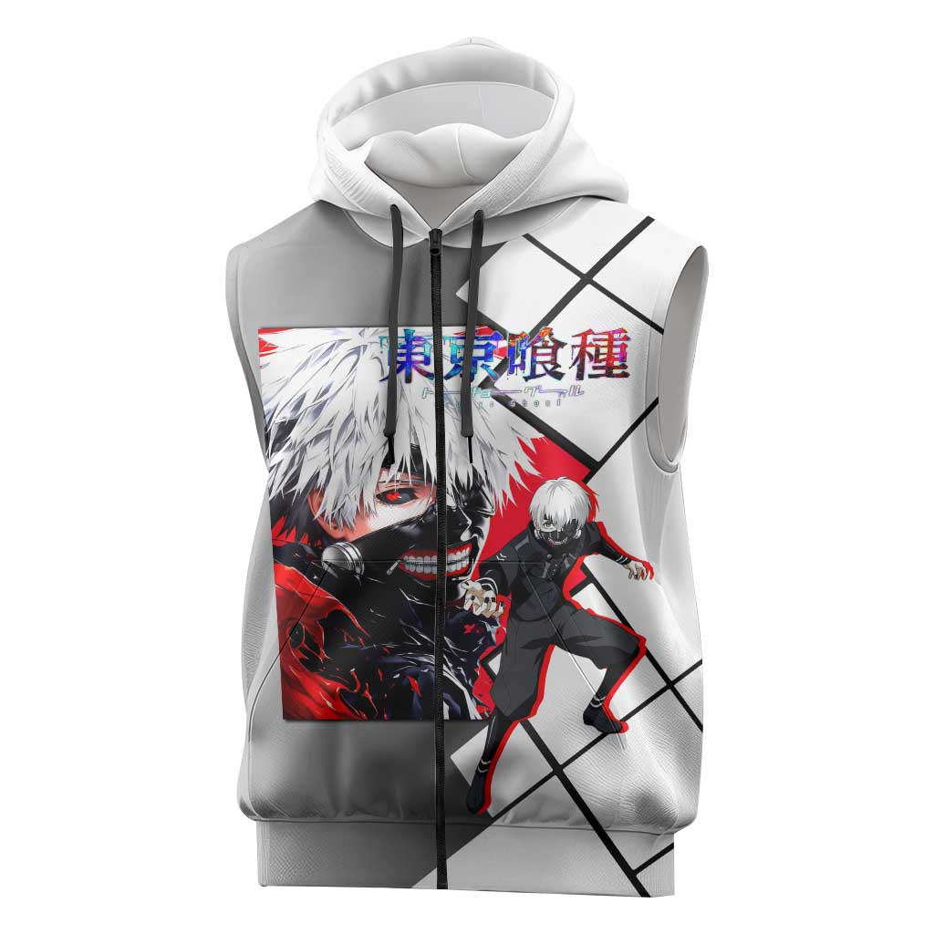 Kaneki Ken Tokyo Ghoul Sleeveless Zip Hoodie with Masked Ghoul Form and Dark Battle Pose Design - The Mazicc