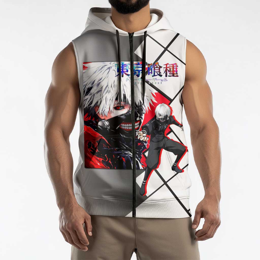 Kaneki Ken Tokyo Ghoul Sleeveless Zip Hoodie with Masked Ghoul Form and Dark Battle Pose Design - The Mazicc