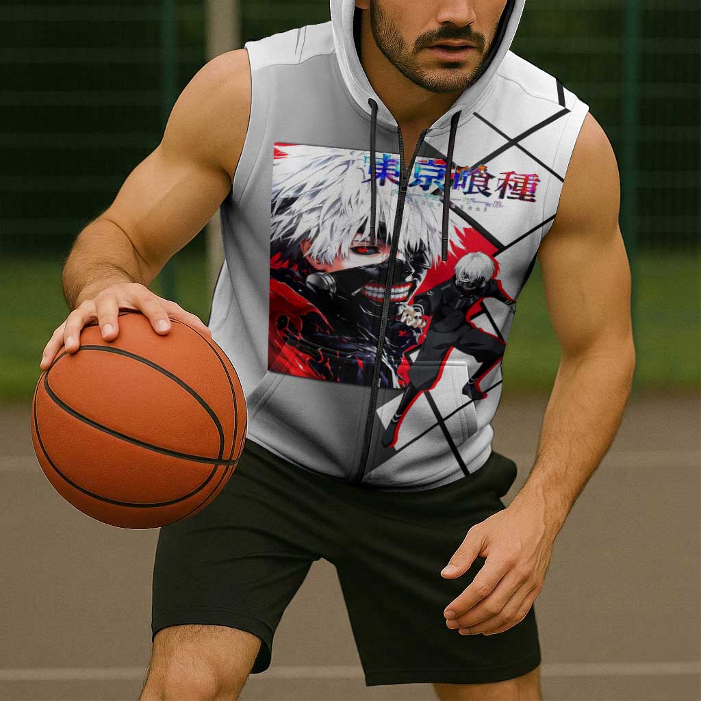 Kaneki Ken Tokyo Ghoul Sleeveless Zip Hoodie with Masked Ghoul Form and Dark Battle Pose Design - The Mazicc