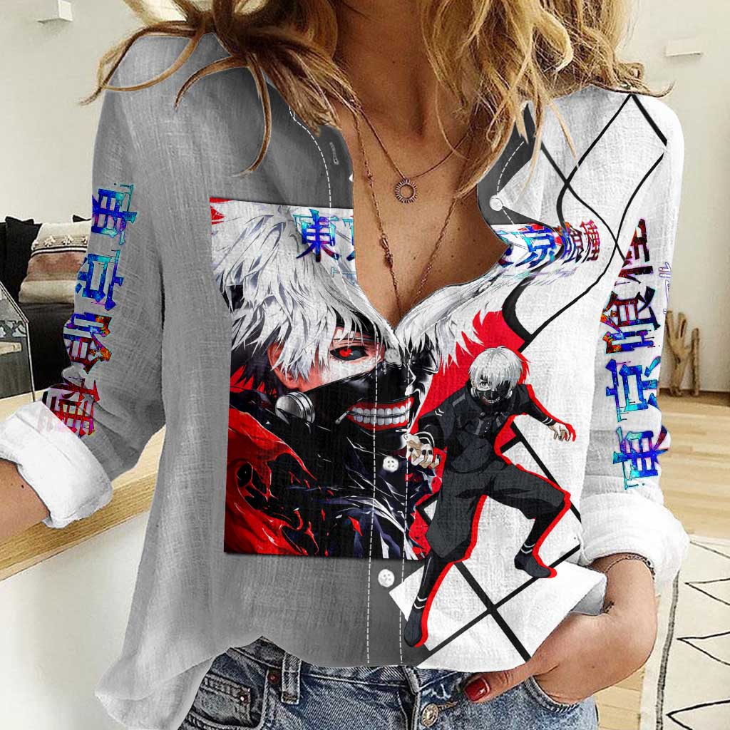 Kaneki Ken Tokyo Ghoul Women Casual Shirt with Masked Ghoul Form and Dark Battle Pose Design - The Mazicc