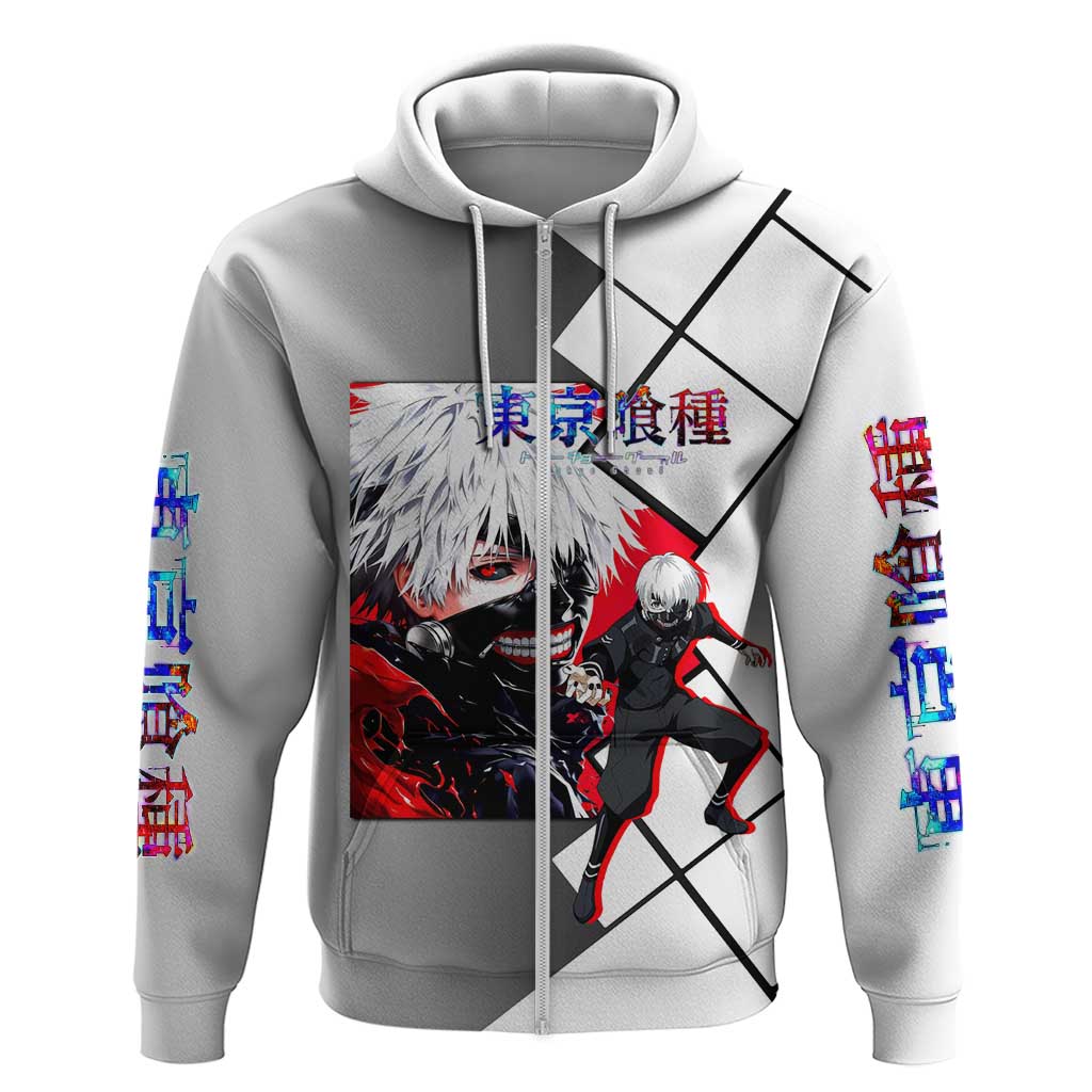 Kaneki Ken Tokyo Ghoul Zip Hoodie with Masked Ghoul Form and Dark Battle Pose Design - The Mazicc