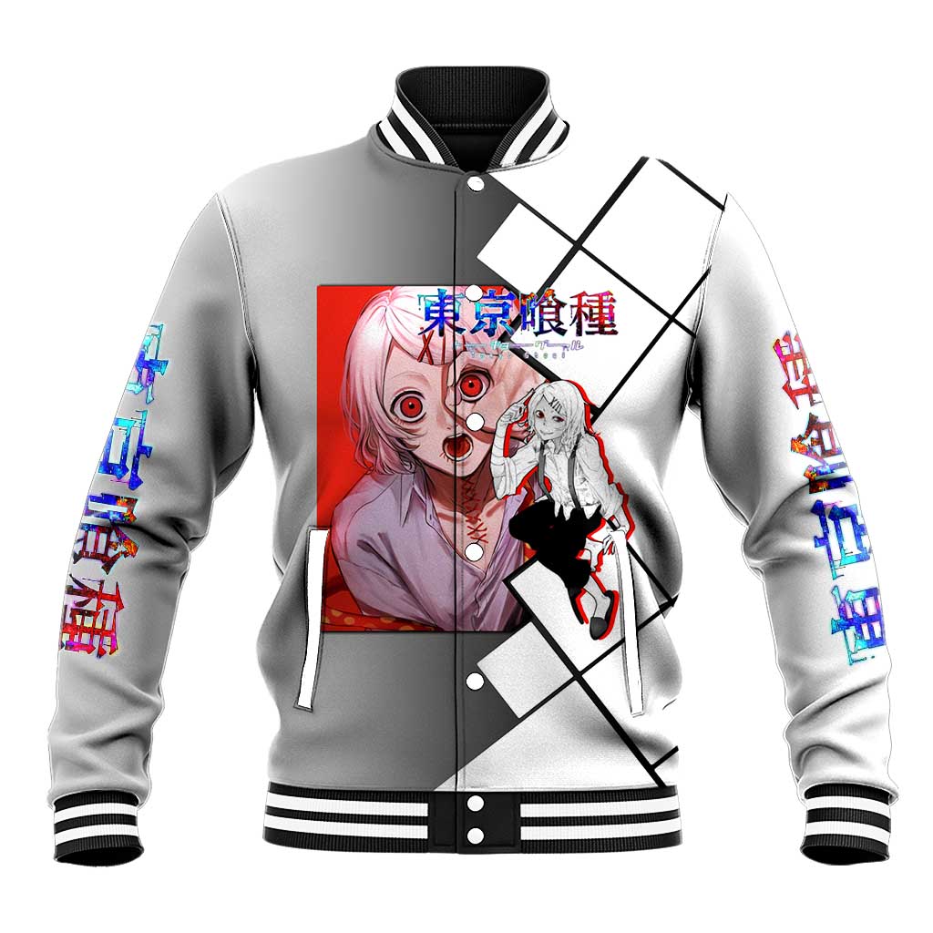 Shu Tsukiyama Tokyo Ghoul Baseball Jacket with Masked Combat Pose and Intense Action Design - The Mazicc