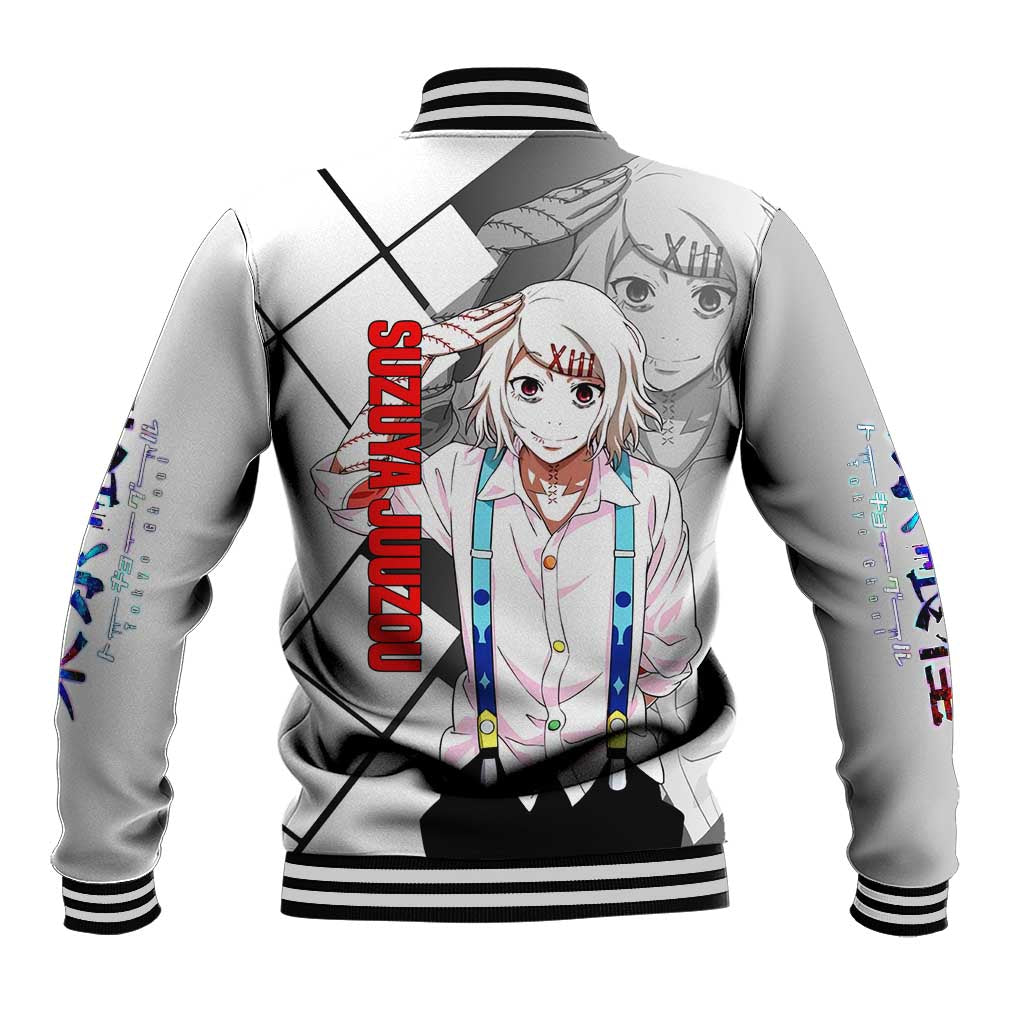 Shu Tsukiyama Tokyo Ghoul Baseball Jacket with Masked Combat Pose and Intense Action Design - The Mazicc