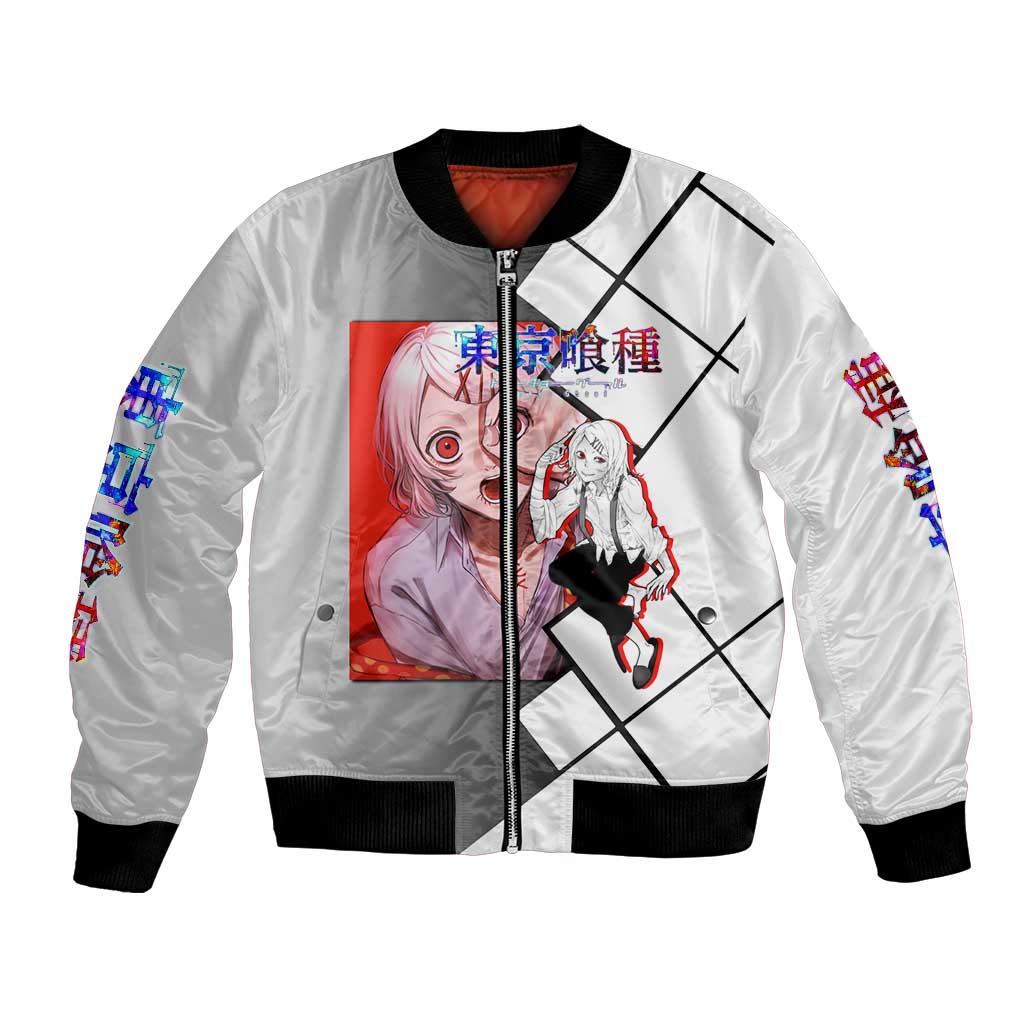 Shu Tsukiyama Tokyo Ghoul Bomber Jacket with Masked Combat Pose and Intense Action Design - The Mazicc