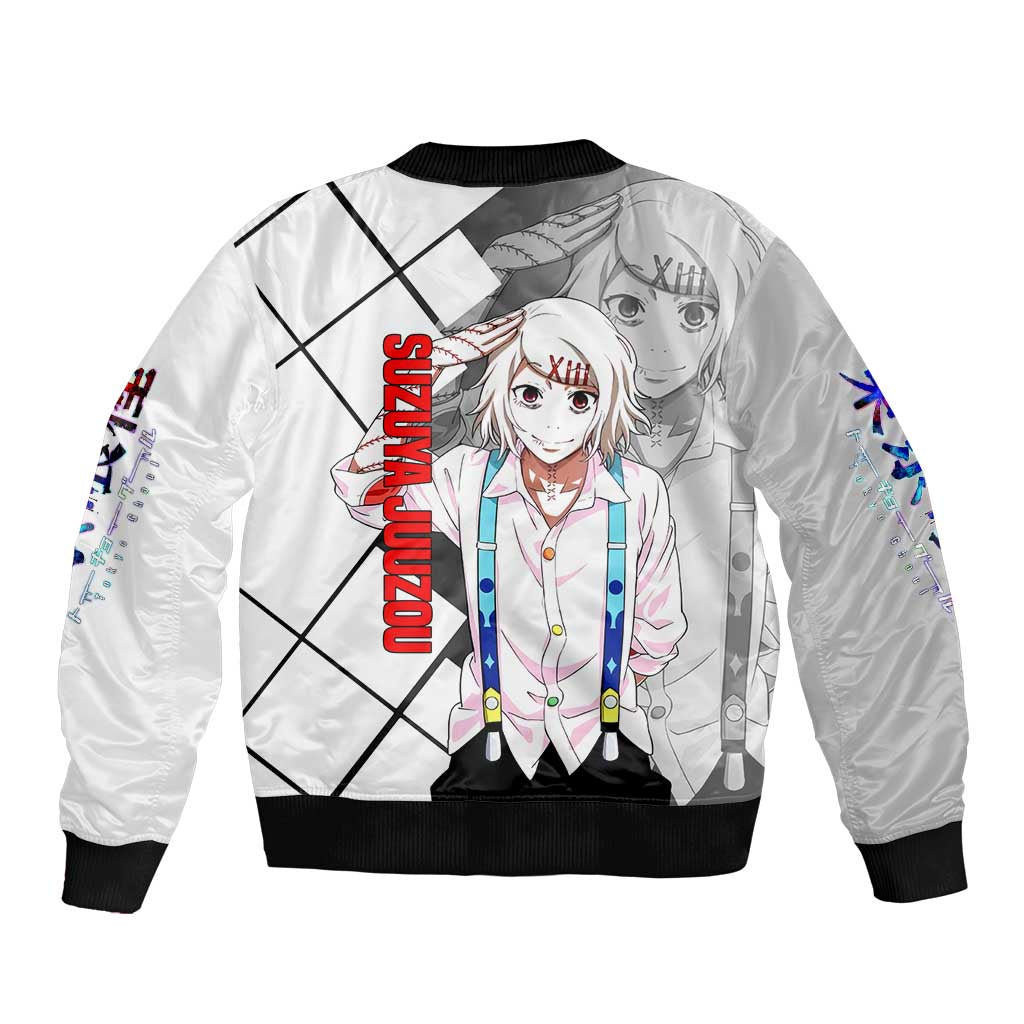 Shu Tsukiyama Tokyo Ghoul Bomber Jacket with Masked Combat Pose and Intense Action Design - The Mazicc