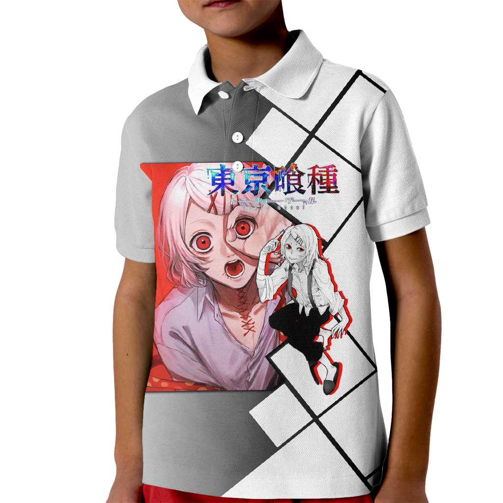 Shu Tsukiyama Tokyo Ghoul Kid Polo Shirt with Masked Combat Pose and Intense Action Design - The Mazicc