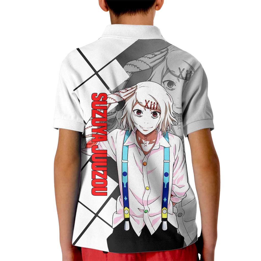 Shu Tsukiyama Tokyo Ghoul Kid Polo Shirt with Masked Combat Pose and Intense Action Design - The Mazicc