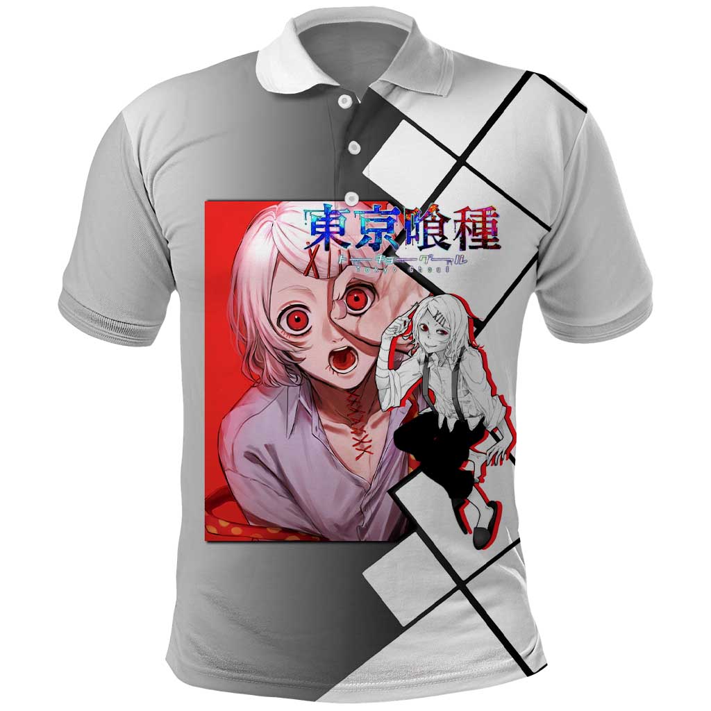 Shu Tsukiyama Tokyo Ghoul Polo Shirt with Masked Combat Pose and Intense Action Design - The Mazicc