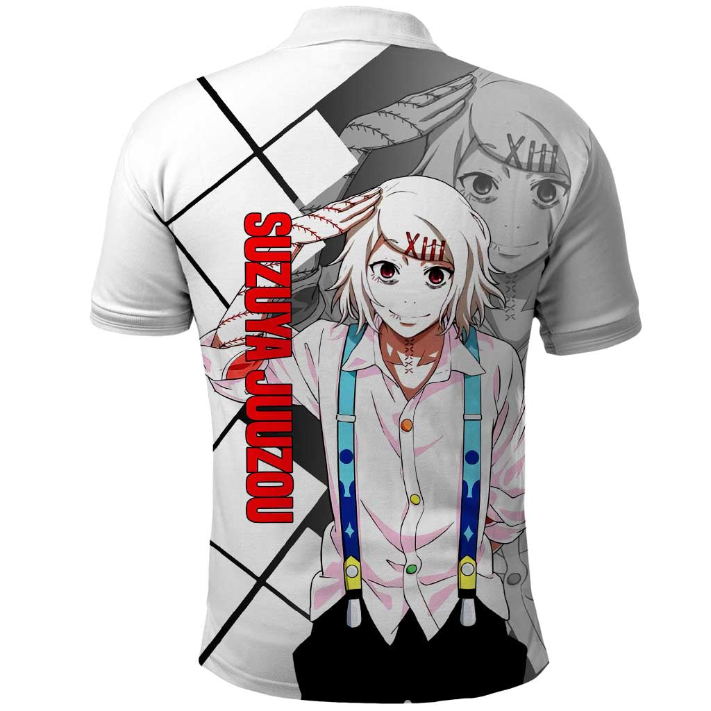 Shu Tsukiyama Tokyo Ghoul Polo Shirt with Masked Combat Pose and Intense Action Design - The Mazicc