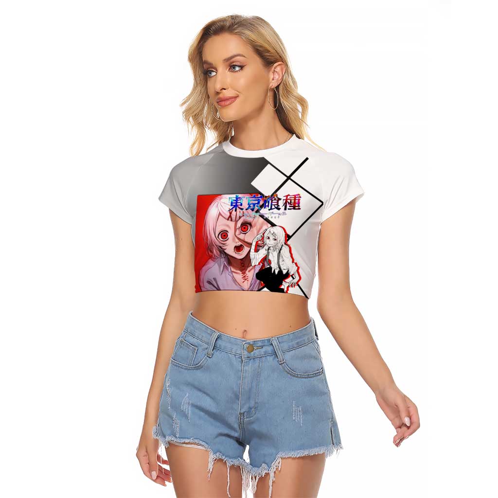 Shu Tsukiyama Tokyo Ghoul Raglan Cropped T Shirt with Masked Combat Pose and Intense Action Design - The Mazicc