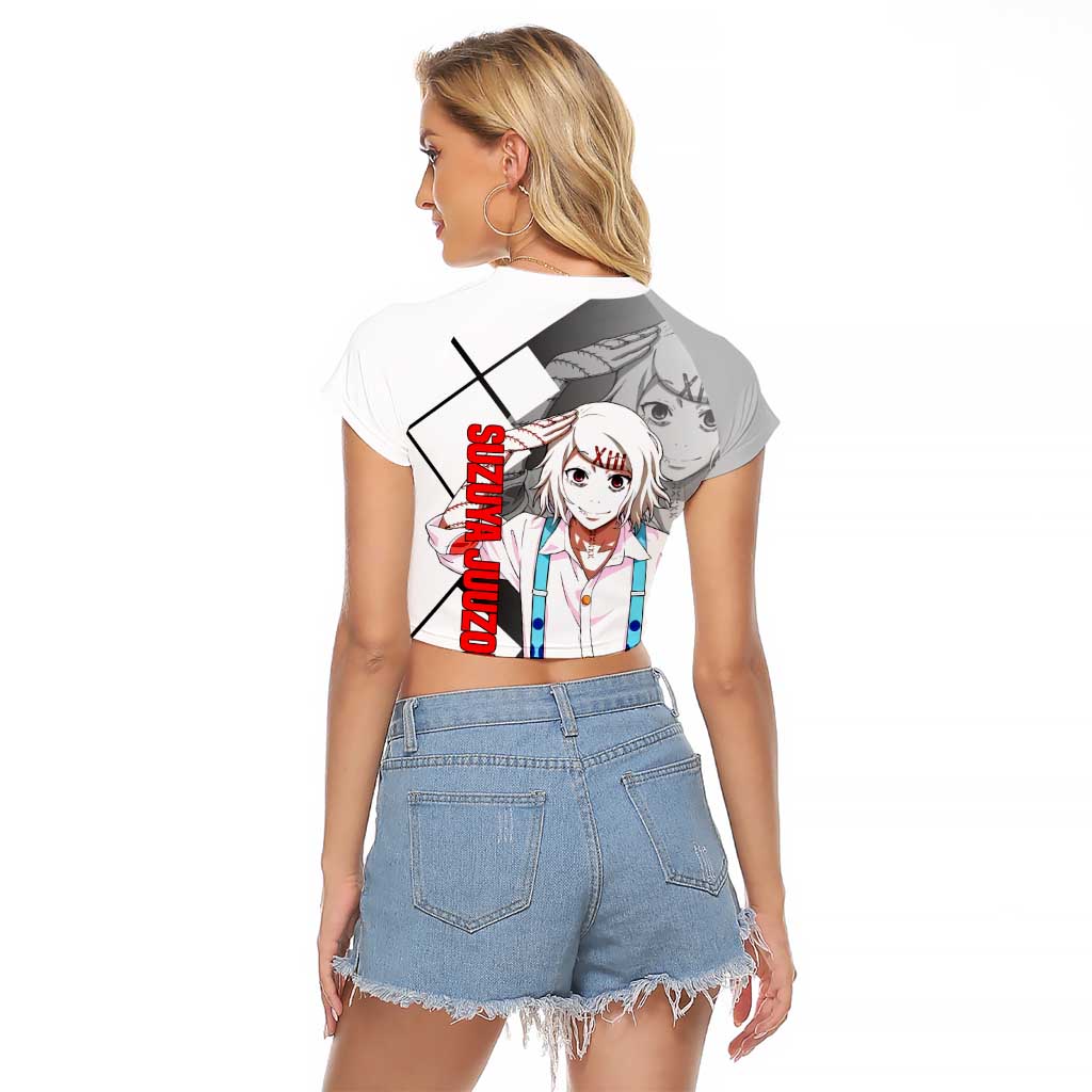 Shu Tsukiyama Tokyo Ghoul Raglan Cropped T Shirt with Masked Combat Pose and Intense Action Design - The Mazicc