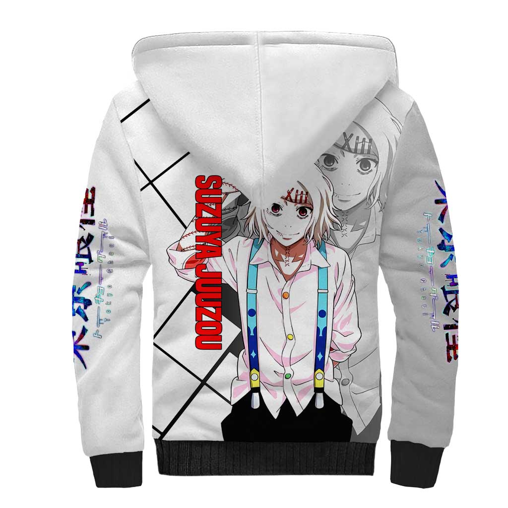Shu Tsukiyama Tokyo Ghoul Sherpa Hoodie with Masked Combat Pose and Intense Action Design - The Mazicc